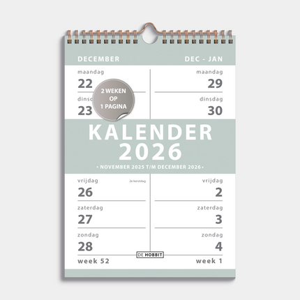 De Hobbit A4 Spiraalkalender 2-weeks 2026 Grijs Groen