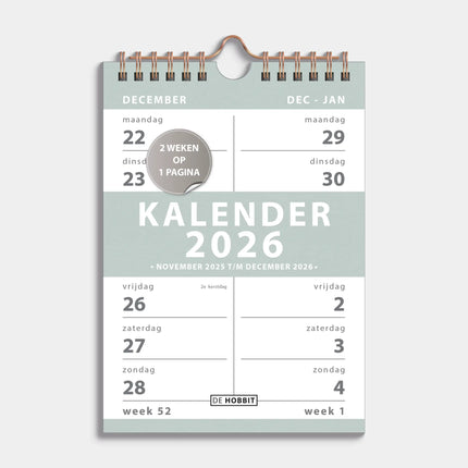 De Hobbit A5 Spiraalkalender 2-weeks 2026 Grijs Groen