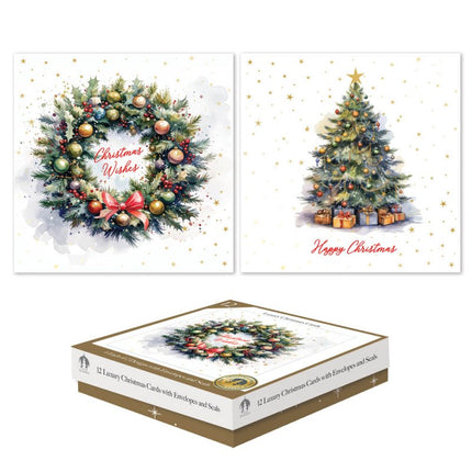 Tallon 12 Luxe Kerstkaarten Vierkant Tree & Wreath