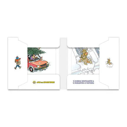 Comello Jan van Haasteren Kerstkaarten - Boom op auto - Glijden van het dak