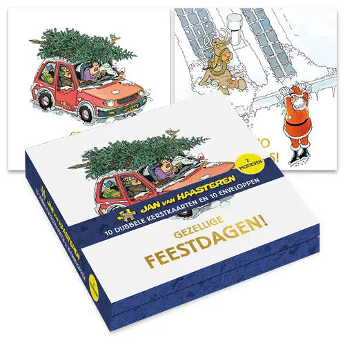 Comello Jan van Haasteren Kerstkaarten - Boom op auto - Glijden van het dak