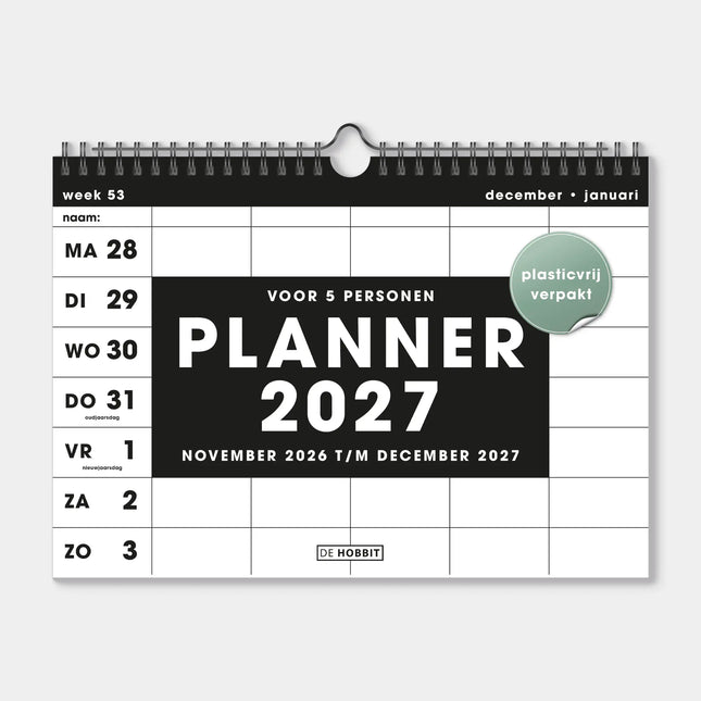De Hobbit A4 Spiraal Familieplanner 2027 Zwart 5 personen