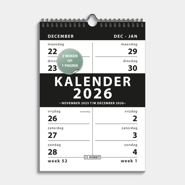 De Hobbit A4 Spiraalkalender 2-weeks 2026 Zwart
