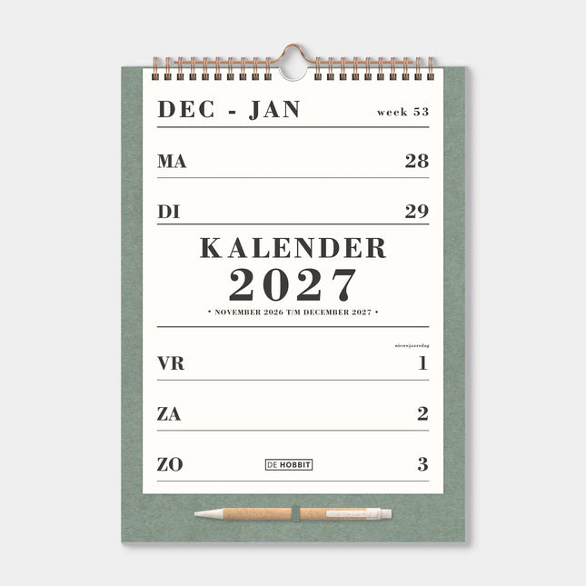 De Hobbit A4 Spiraalkalender 2027 Groen met Pen
