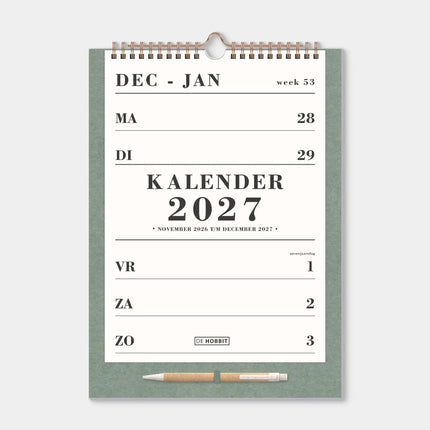 De Hobbit A4 Spiraalkalender 2027 Groen met Pen