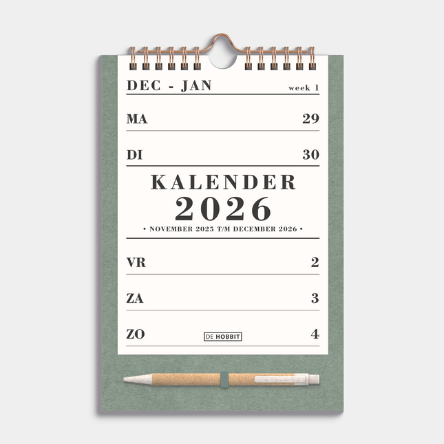 De Hobbit A5 Spiraalkalender 2026 Groen met Pen