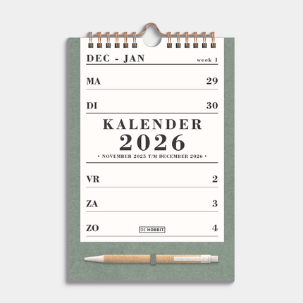 De Hobbit A5 Spiraalkalender 2026 Groen met Pen