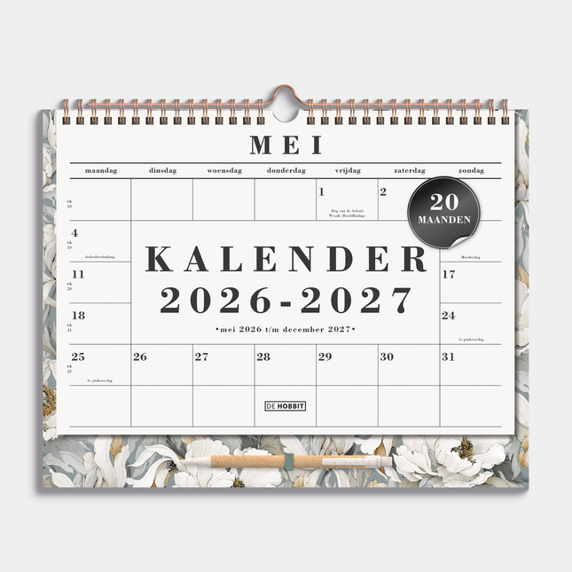 De Hobbit Maandkalender 2026-2027 A4+ Witte Pioenrozen