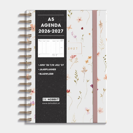 De Hobbit Ringband Agenda 2026-2027 A5 Aquarel Bloemetjes