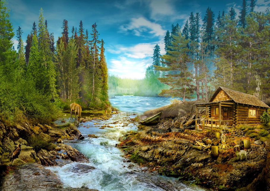 Enjoy A Log Cabin by the Rapids Puzzel 1000 Stukjes