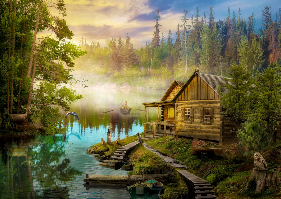Enjoy A Log Cabin on the River Puzzel 1000 Stukjes