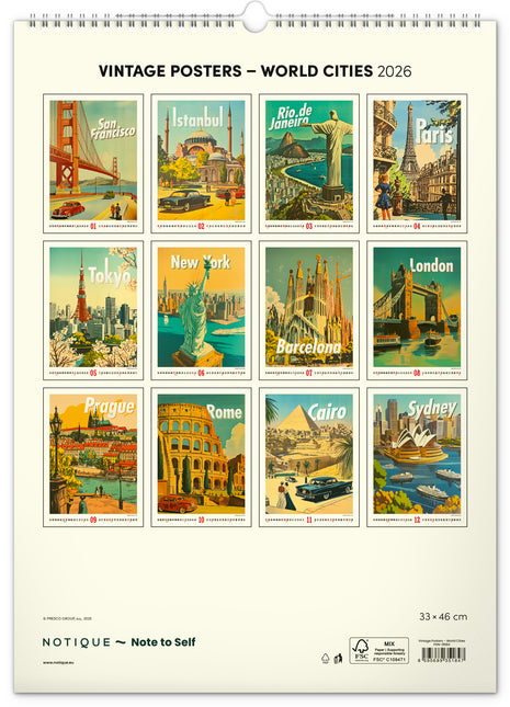 Presco Vintage Posters -Steden Kalender 2026 Groot
