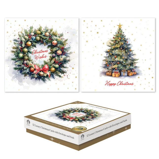 Tallon 12 Luxe Kerstkaarten Vierkant Tree & Wreath